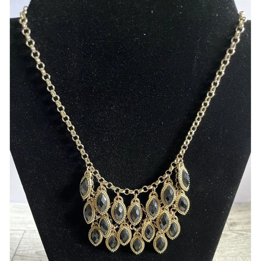 Waterfall Tear Drop Style Bib Statement Necklace Gold Tone Black Jet 20" - Picture 1 of 6
